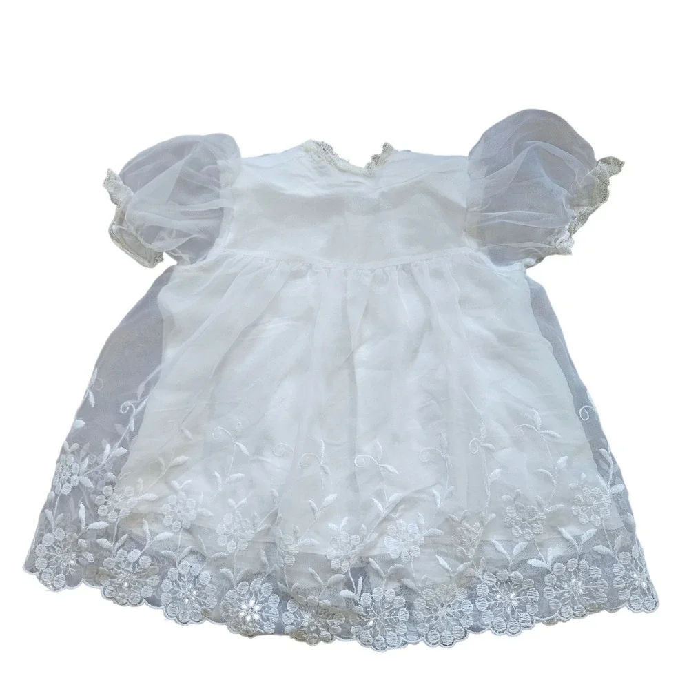 Vintage White Sheer Organza Baby Dress Floral Lace Embroidery‎ Christening Dress